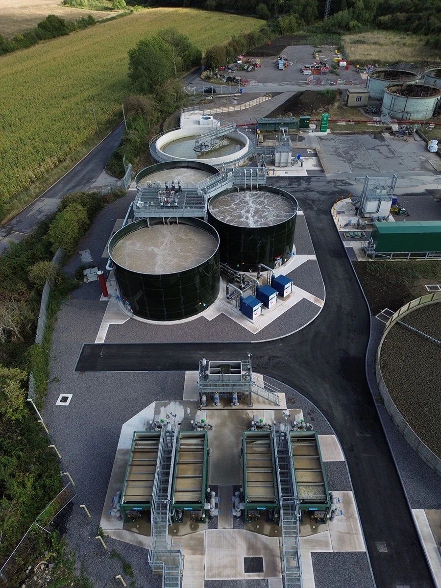 Aerial view of new treatment tanks at Keynsham water recycling centre