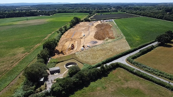 Aerial view of the sewage pumping station at Bulbury Lane under construction